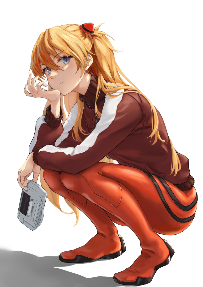 1girl absurdres bangs blue_eyes bodysuit evangelion:_3.0_you_can_(not)_redo eyebrows_visible_through_hair full_body hair_between_eyes hairpods handheld_game_console head_rest highres interface_headset jacket long_hair long_sleeves looking_at_viewer neon_genesis_evangelion orange_hair plugsuit rebuild_of_evangelion red_bodysuit red_jacket solo souryuu_asuka_langley squatting track_jacket two_side_up vincent_ky zipper zipper_pull_tab