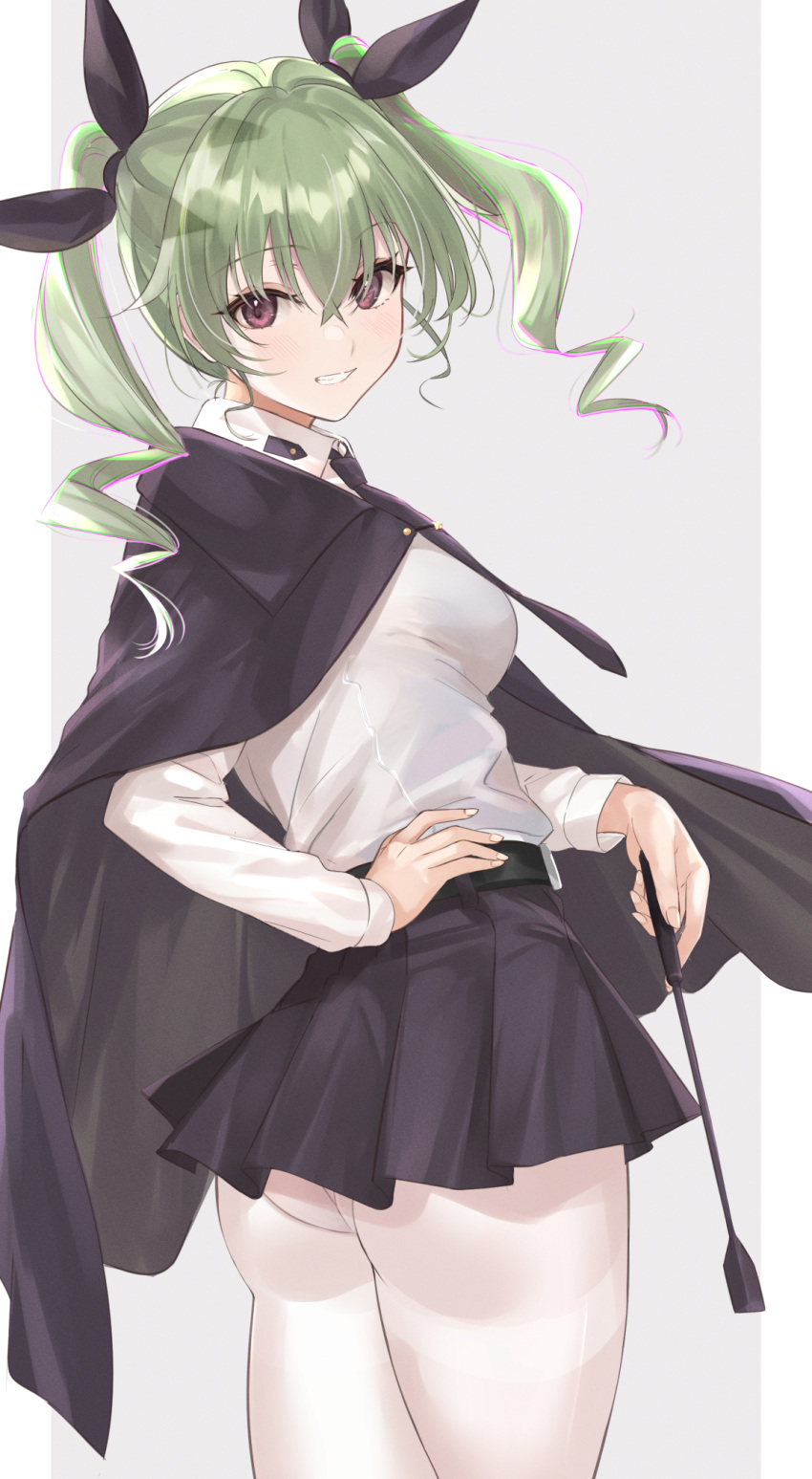 1girl anchovy_(girls_und_panzer) ass breasts cape capelet collared_shirt female girls_und_panzer green_hair grin hair_ribbon hand_on_hip highres looking_at_viewer looking_back mexif military military_uniform necktie pantyhose red_eyes ribbon school_uniform shirt small_breasts smile solo thighs twintails uniform white_legwear