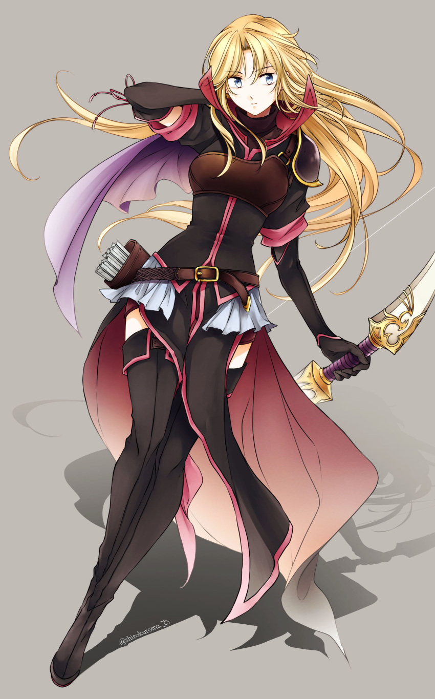 1girl absurdres armor black_footwear black_gloves black_legwear blonde_hair blue_eyes boots bow_(weapon) breastplate clarisse_(fire_emblem) elbow_gloves fire_emblem fire_emblem:_new_mystery_of_the_emblem full_body gloves highres holding holding_bow_(weapon) holding_weapon long_hair miniskirt quiver shadow shirokuroma_29 shirt short_sleeves skirt solo thigh-highs thigh_boots twitter_username weapon white_skirt zettai_ryouiki