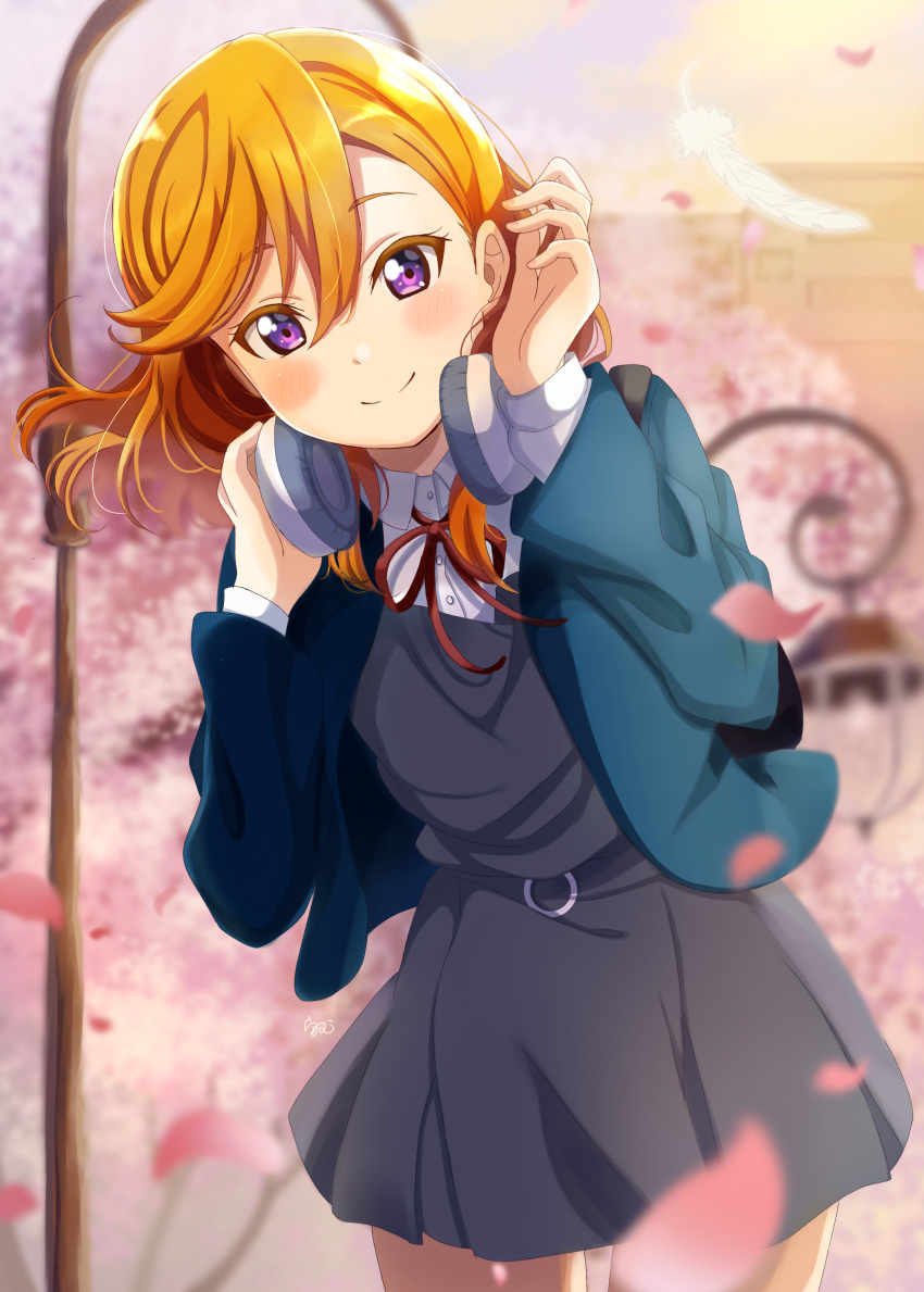 1girl absurdres blue_jacket blush closed_mouth cowboy_shot dress grey_dress hands_up headphones headphones_around_neck highres jacket love_live! love_live!_superstar!! medium_hair open_clothes open_jacket orange_hair pinafore_dress ranemu school_uniform shibuya_kanon short_dress smile solo violet_eyes yuigaoka_school_uniform