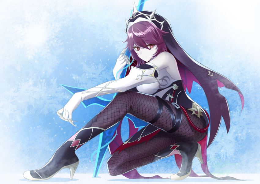 1girl bangs bent_over claws colored_skin commentary_request detached_sleeves elbow_gloves eyebrows_visible_through_hair fishnet_legwear fishnets genshin_impact gloves habit hair_between_eyes high_heels highres holding holding_polearm holding_spear holding_weapon ice kneeling looking_at_viewer mon-chan multicolored_hair nun polearm purple_hair red_eyes rosaria_(genshin_impact) short_hair sidelocks solo spear streaked_hair two-tone_hair weapon white_gloves white_skin