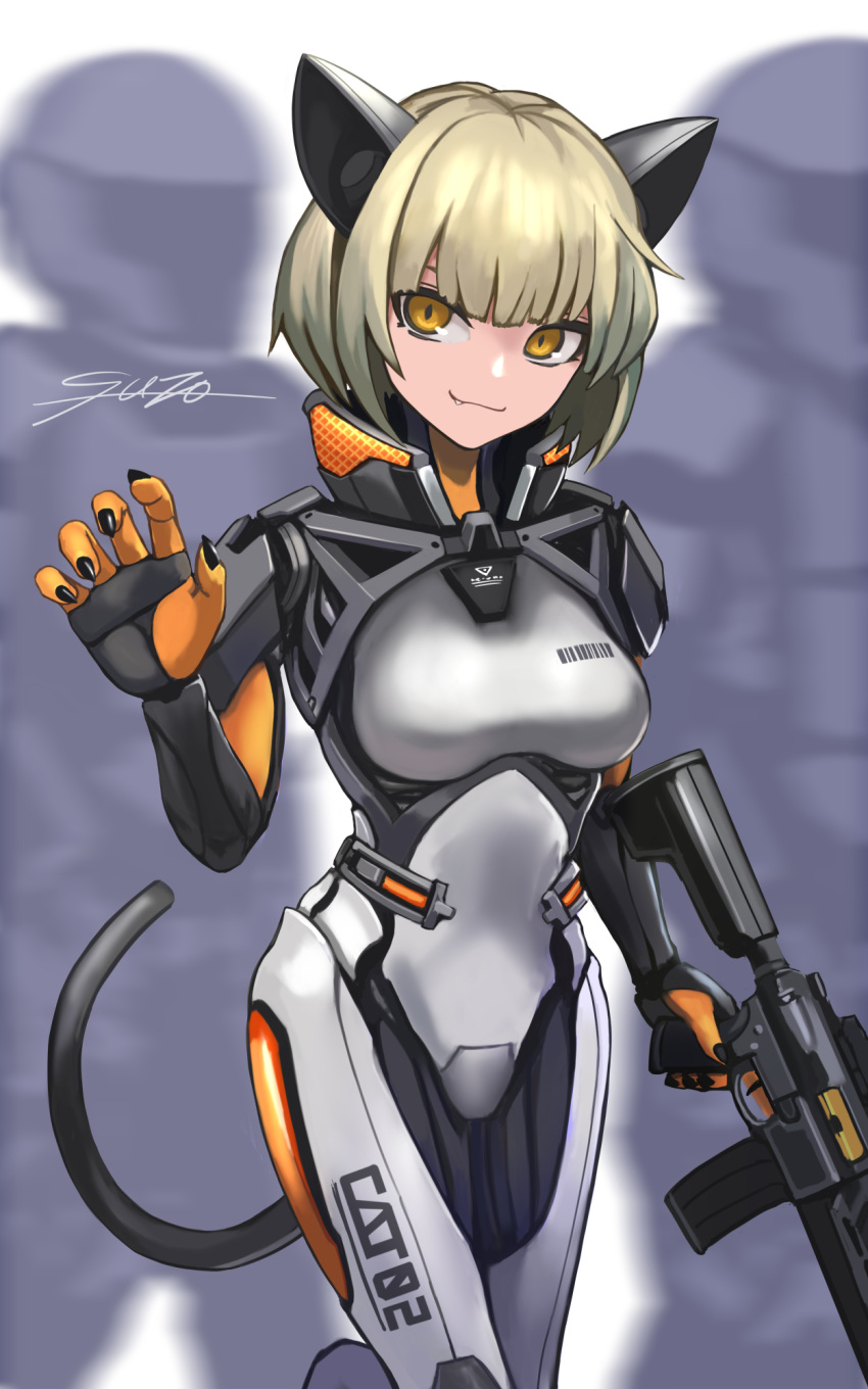 1girl animal_ears barcode blonde_hair bodysuit cat_ears cat_tail claw_pose cyborg fang fingernails gun highres holding holding_gun holding_weapon looking_at_viewer original rifle sharp_fingernails short_hair signature sunao_(70_the) tail trigger_discipline weapon yellow_eyes