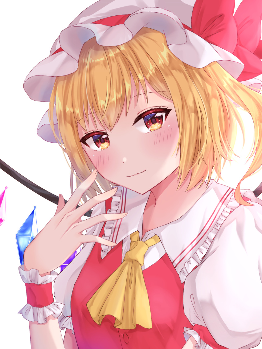1girl ascot bangs blonde_hair blush crystal eyebrows_visible_through_hair flandre_scarlet frilled_shirt_collar frills hand_up hat highres light_smile mob_cap one_side_up puffy_short_sleeves puffy_sleeves red_eyes red_vest short_sleeves simple_background solo touhou upper_body user_nrmw5443 vest white_background white_headwear wings wrist_cuffs yellow_neckwear