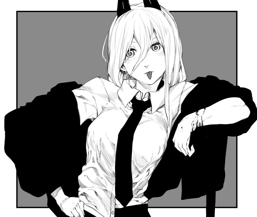 +_+ 1girl :p absurdres blood border chainsaw_man collared_shirt grey_background greyscale hair_between_eyes highres horns jacket long_hair long_sleeves monochrome necktie niwarhythm open_clothes open_jacket pants power_(chainsaw_man) shirt simple_background solo tongue tongue_out upper_body white_border wing_collar