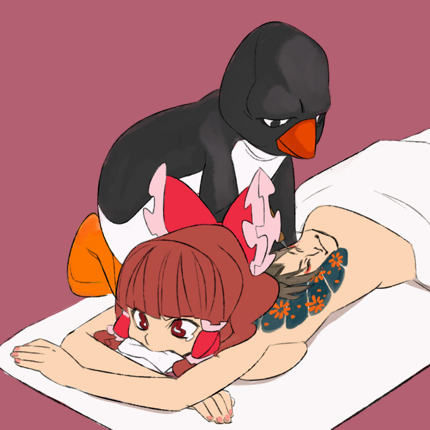 1girl back_tattoo bangs bird biting biting_clothes blunt_bangs bow breasts brown_eyes brown_hair commentary_request cookie_(touhou) feet_out_of_frame hair_bow hakurei_reimu lying medium_breasts medium_hair nihonga nude on_stomach open_mouth penguin pingu pingu_(series) pink_background red_bow rurima_(cookie) scotch_(cookie) sideboob tattoo touhou ukiyo-e