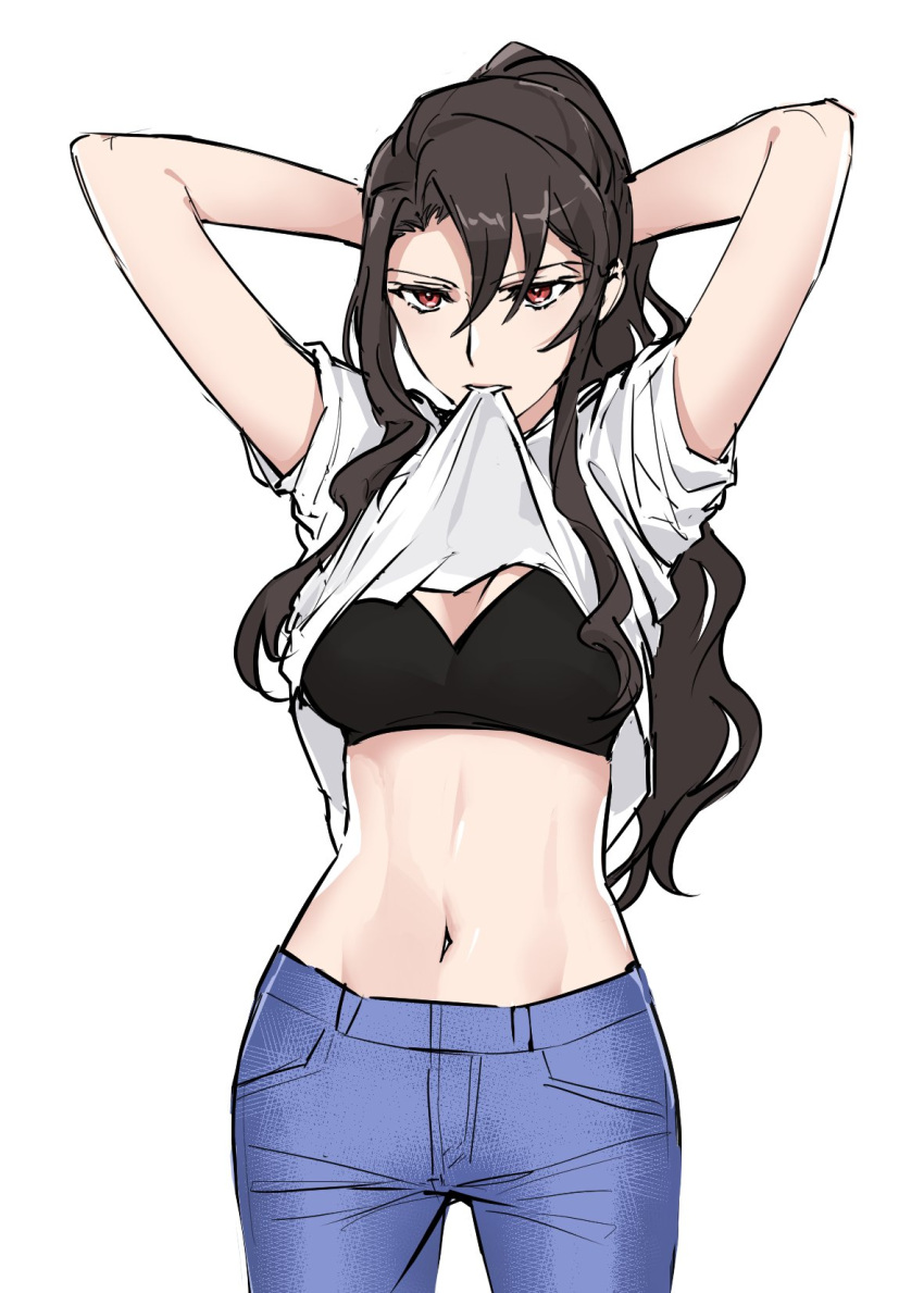 1girl akikaze_rui arms_behind_head arms_up bangs black_bra blue_pants bra breasts brown_hair clothes_lift commentary_request cowboy_shot dee0333 denim hair_between_eyes high_ponytail highres jeans korean_commentary lifted_by_self long_hair looking_away medium_breasts navel pants parted_lips ponytail red_eyes shirt shirt_in_mouth shirt_lift short_sleeves shoujo_kageki_revue_starlight shoujo_kageki_revue_starlight_-re_live- sidelocks simple_background sleeves_pushed_up solo standing stomach underwear wavy_hair white_background white_shirt