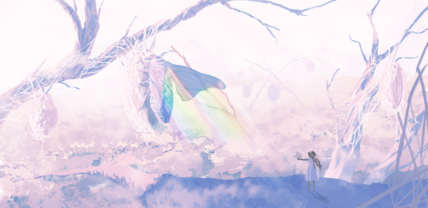 1girl absurdres angel angel_wings animal_on_arm barefoot black_hair bug cocoon dress giant_insect heaven highres huge_filesize kojomi_(7j543) long_hair moth original outstretched_arm rainbow scenery shadow short_sleeves solo tree white_dress wings