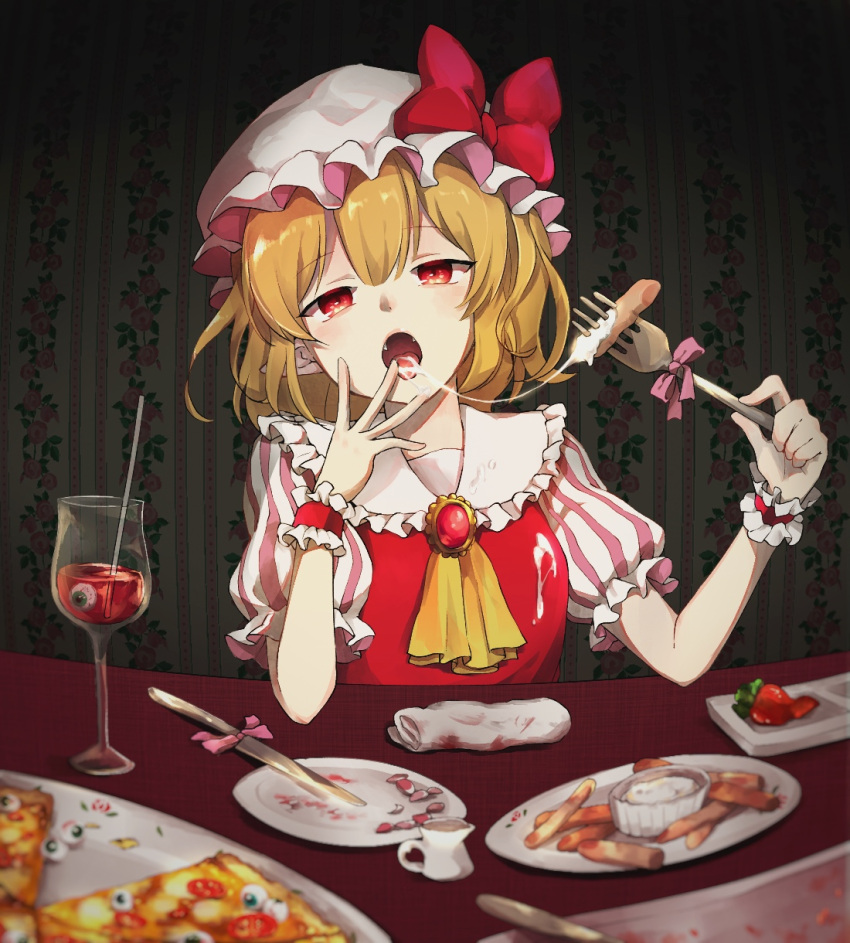 1girl ambiguous_red_liquid ascot bangs blonde_hair bow breasts brooch cheese_trail commentary_request covering_mouth cup drinking_glass drinking_straw eating eyeball eyebrows_visible_through_hair fangs fisheye flandre_scarlet floral_print food fork frilled_shirt_collar frills fruit half-closed_eyes hand_over_own_mouth hands_up hat hat_bow highres holding holding_fork indoors jewelry knife looking_at_viewer mob_cap open_mouth pink_bow pizza plate pointy_ears puffy_short_sleeves puffy_sleeves red_bow red_eyes short_hair short_sleeves sitting small_breasts solo strawberry striped table tayutai_(user_xruy3332) tongue touhou upper_body vertical_stripes wallpaper_(object) white_headwear wine_glass wrist_cuffs yellow_neckwear
