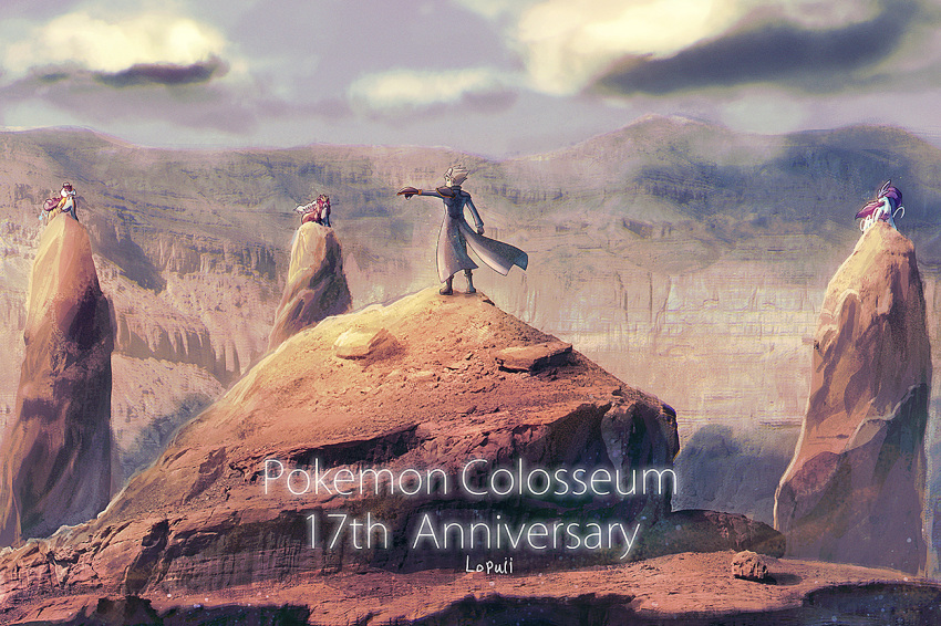 1boy blurry boots clouds coat commentary copyright_name day entei gloves grey_hair legendary_pokemon long_sleeves lopuii male_focus outdoors outstretched_arm pokemon pokemon_(creature) pokemon_(game) pokemon_colosseum raikou rock short_hair signature sky spiky_hair standing suicune visor wes_(pokemon)