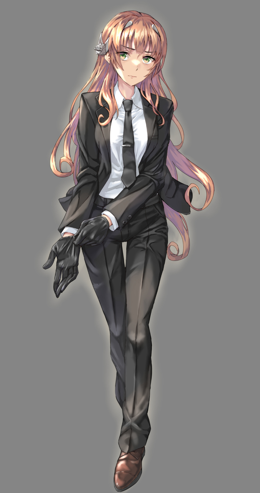1girl black_gloves black_neckwear black_pants brown_footwear brown_hair closed_mouth collared_shirt eyebrows_visible_through_hair formal full_body gloves green_eyes grey_background helena_(kancolle) highres kantai_collection kokuzou long_hair long_sleeves necktie pants shirt shoes simple_background solo suit white_shirt