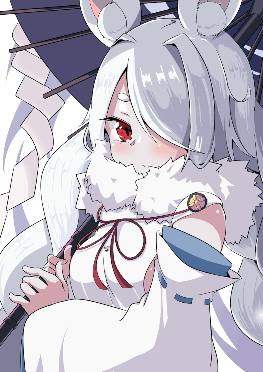 1girl animal_ears azur_lane bangs braid commentary_request detached_sleeves edoara eyebrows_visible_through_hair hair_over_one_eye highres holding holding_umbrella japanese_clothes long_hair looking_at_viewer low_twintails oil-paper_umbrella rabbit_ears red_eyes ribbon-trimmed_sleeves ribbon_trim shirayuki_(azur_lane) sidelocks simple_background solo twin_braids twintails umbrella white_background white_hair wide_sleeves