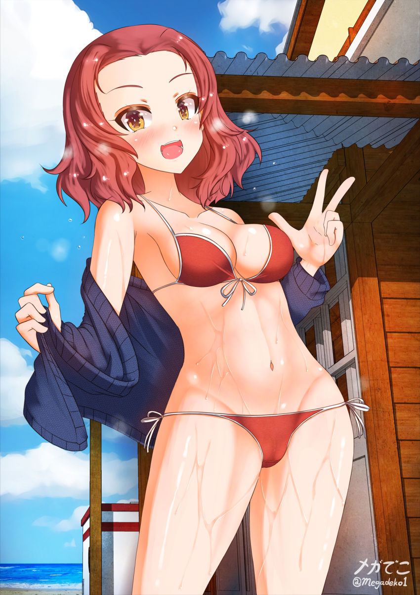 1girl :d aquaegg artist_name beach bikini blue_sky blue_sweater blush breasts building clouds cloudy_sky commentary cowboy_shot day front-tie_bikini front-tie_top girls_und_panzer groin halterneck highres horizon long_sleeves looking_at_viewer medium_breasts medium_hair navel ocean off_shoulder open_mouth orange_eyes outdoors red_bikini redhead rosehip_(girls_und_panzer) side-tie_bikini signature sky smile solo standing string_bikini sweater swimsuit twitter_username w wet