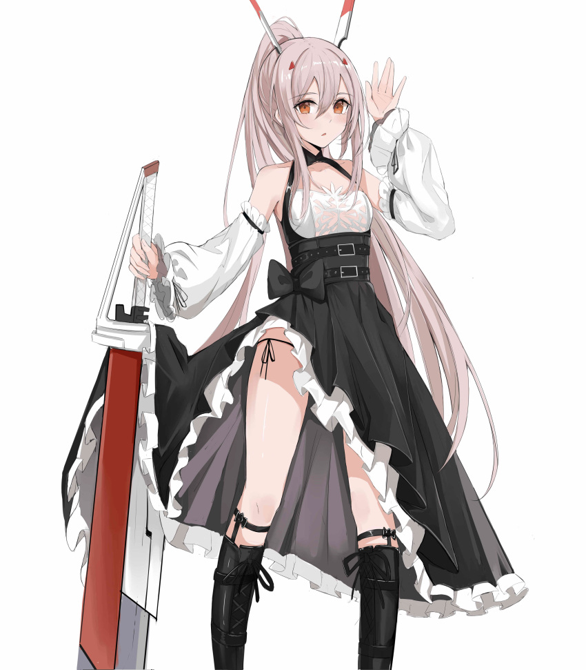 1girl absurdres ayanami_(azur_lane) ayanami_(nightfall_raiment)_(azur_lane) azur_lane bangs belt black_footwear boots choker commentary detached_sleeves eyebrows_visible_through_hair greatsword hair_between_eyes hair_ornament hairclip headgear highres holding holding_sword holding_weapon knee_boots kuyouml long_hair looking_at_viewer orange_eyes panties parted_lips planted planted_sword retrofit_(azur_lane) side-tie_panties side_slit sidelocks silver_hair simple_background solo sword underwear waving weapon white_background wide_sleeves