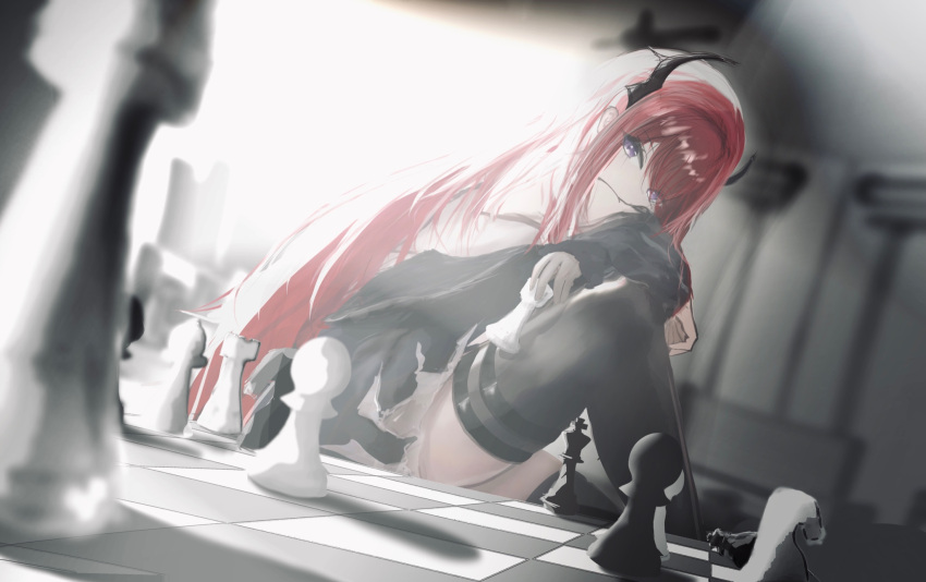 1girl arknights bangs black_dress black_legwear chess_piece chessboard commentary_request demon_girl demon_horns dress from_side highres holding_chess_piece horns leg_up long_hair looking_at_viewer looking_to_the_side mebe_(teadia_violet) redhead sitting surtr_(arknights) thigh-highs very_long_hair violet_eyes