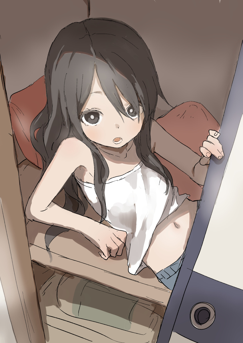 1girl absurdres brown_eyes brown_hair collarbone commentary_request copyright_request hair_between_eyes highres long_hair looking_at_viewer lying midriff navel on_back open_mouth pillow shirt sketch sleeveless sleeveless_shirt solo white_shirt yamamoto_souichirou