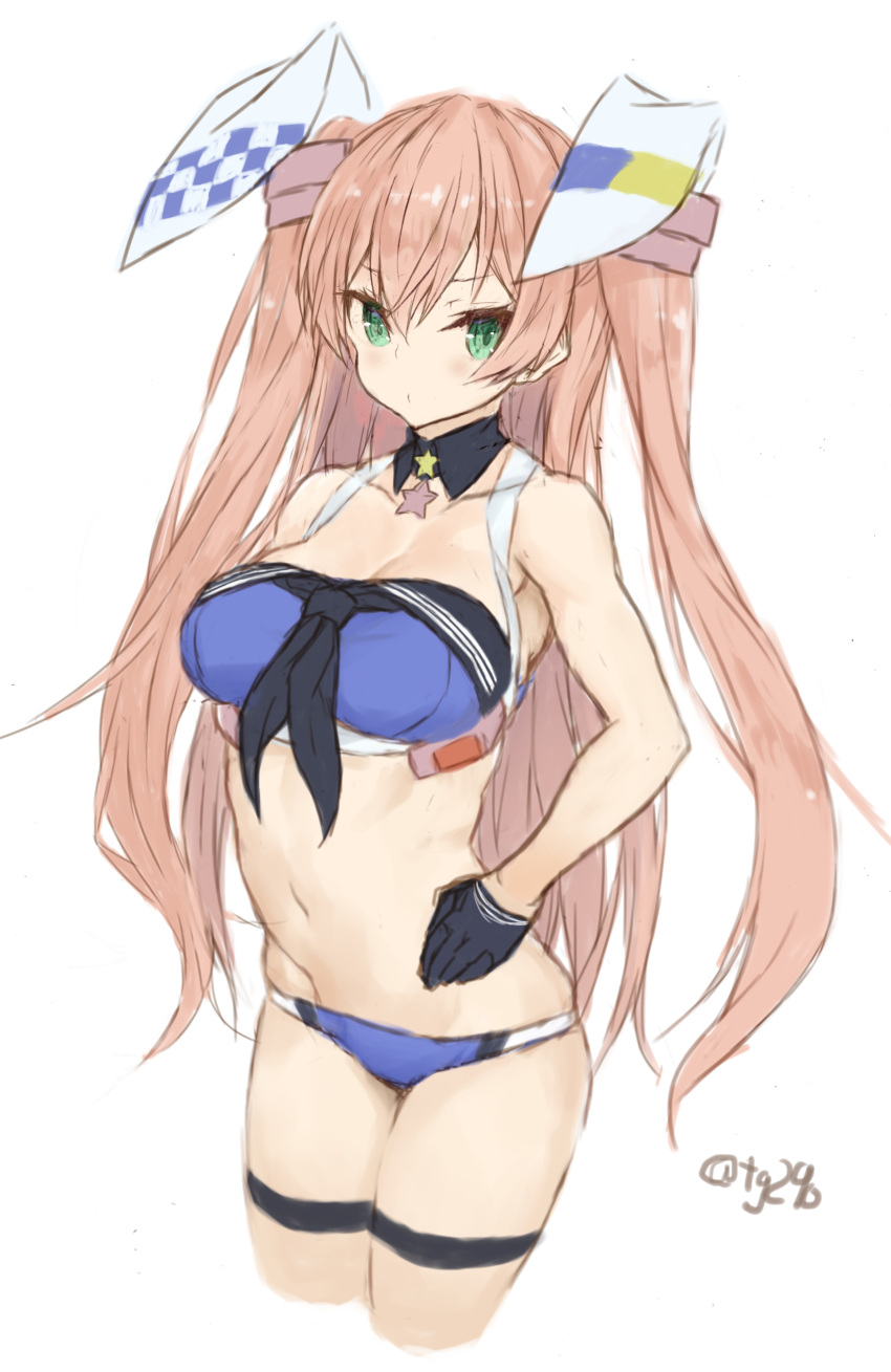 1girl absurdres alternate_eye_color bikini black_gloves blue_bikini blush breasts closed_mouth collarbone cowboy_shot cropped_legs gloves green_eyes hair_between_eyes highres johnston_(kancolle) kantai_collection light_brown_hair long_hair medium_breasts navel ryo_(tg290) simple_background solo star_(symbol) swimsuit twitter_username two_side_up white_background