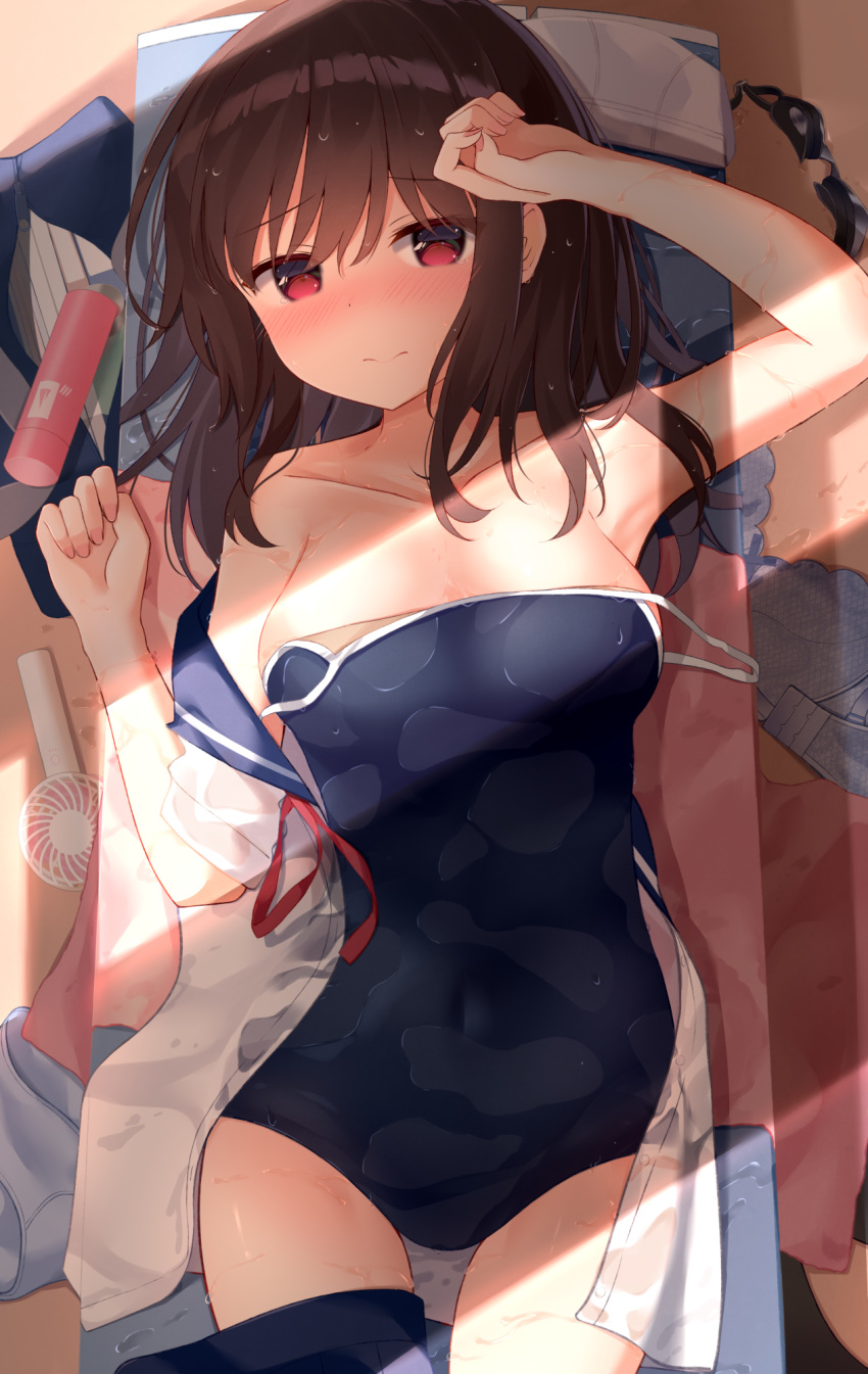 1girl arm_up bag bangs bare_arms bare_shoulders black_swimsuit blue_bra blue_sailor_collar blue_skirt blush bow bow_bra bra bra_removed breasts brown_hair closed_mouth clothes_pull eyebrows_visible_through_hair hair_between_eyes highres looking_at_viewer lying medium_breasts niruanu_(nitayam) nose_blush off_shoulder on_back open_clothes open_shirt original pleated_skirt red_eyes red_ribbon ribbon sailor_collar school_bag school_swimsuit school_uniform see-through serafuku shirt short_sleeves skirt skirt_around_one_leg solo swimsuit swimsuit_pull swimsuit_under_clothes underwear wet wet_clothes wet_shirt white_shirt