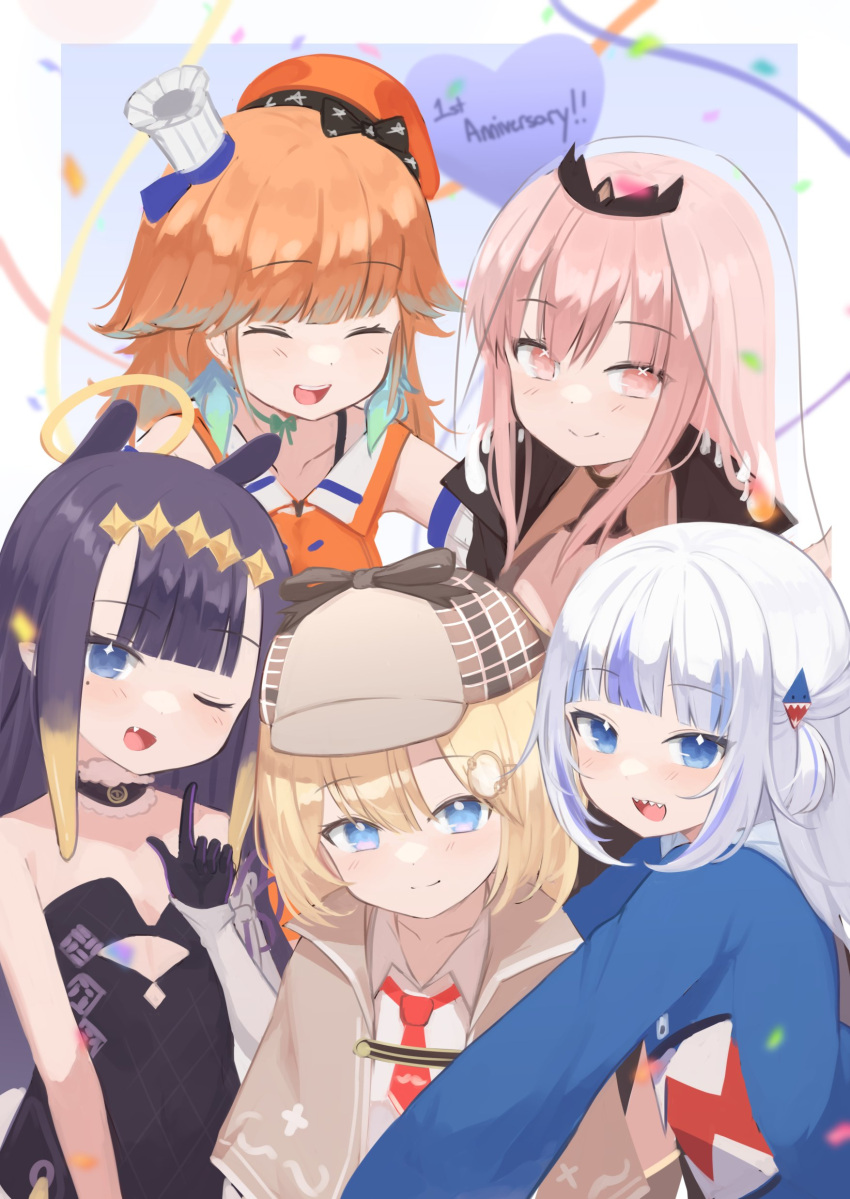 5girls :d ;d ^_^ absurdres anniversary bangs blonde_hair blue_eyes blue_hair blunt_bangs closed_eyes commentary confetti eyebrows_visible_through_hair fang gawr_gura gloves hair_ornament hairclip hat highres hololive hololive_english holomyth index_finger_raised klaius long_hair looking_at_viewer mole mole_under_eye monocle_hair_ornament mori_calliope multicolored_hair multiple_girls multiple_hats ninomae_ina'nis one_eye_closed open_mouth orange_hair pink_eyes pink_hair pointy_ears purple_hair ribbon shark_hair_ornament sharp_teeth short_hair smile streaked_hair symbol-only_commentary takanashi_kiara teeth tilted_headwear two-tone_hair two_side_up veil virtual_youtuber watson_amelia white_hair