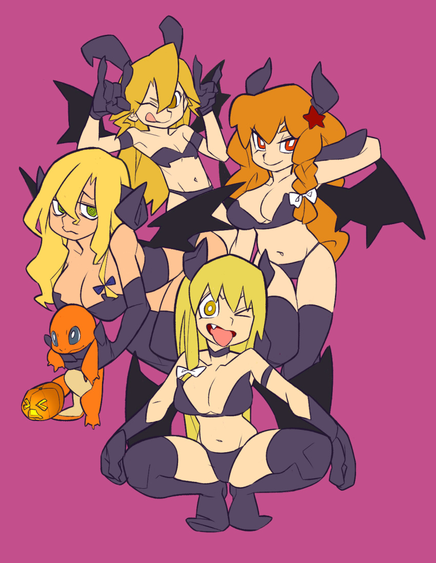 &gt;_&lt; 4girls :q \m/ alternate_costume azusa_(cookie) bandeau bangs black_bra black_legwear black_panties blonde_hair blue_bow bow bra braid breasts bright_pupils brown_eyes charmander closed_mouth commentary cookie_(touhou) curled_horns demon_girl demon_horns demon_wings fang full_body green_eyes hair_between_eyes hair_bow highres horns jack-o'-lantern kirisame_marisa large_breasts long_hair looking_at_viewer mars_(cookie) multiple_girls one_eye_closed open_mouth orange_hair panties pokemon pumpkin red_eyes red_star rei_(cookie) scotch_(cookie) side_braid simple_background single_braid small_breasts smile squatting star_(symbol) thigh-highs tongue tongue_out touhou underwear uzuki_(cookie) white_bow white_pupils wings yellow_eyes