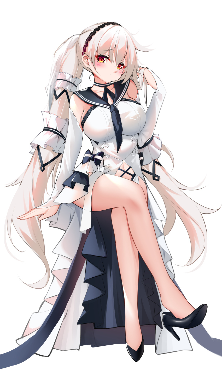 1girl absurdres azur_lane black_footwear black_neckwear bow_dress breasts catnnn clothing_cutout crossed_legs detached_sleeves dress dress_flower eyebrows_visible_through_hair feather_dress formidable_(azur_lane) formidable_(timeless_classics)_(azur_lane) full_body hair_ornament high_heels highres large_breasts long_hair looking_at_viewer navel_cutout official_alternate_costume platinum_blonde_hair red_eyes shoe_dangle simple_background sitting solo two-tone_dress two-tone_ribbon very_long_hair white_background white_dress