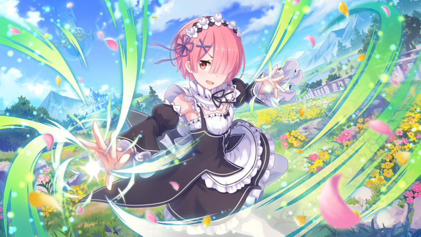 apron blue_sky looking_at_viewer magic maid maid_apron maid_headdress official_art outdoors pink_hair princess_connect! ram_(re:zero) red_eyes sky spell