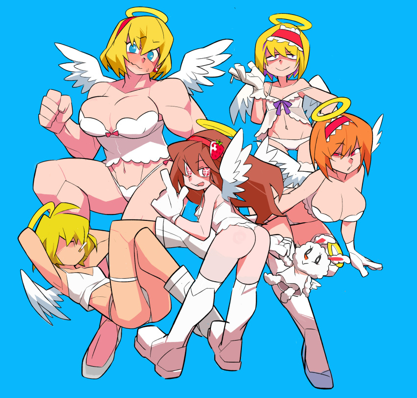 5girls alice_margatroid angel angel_wings armpits arms_behind_head ass babydoll bangs blonde_hair blue_eyes boots bra breasts brown_hair camisole cigarette closed_mouth colored_inner_hair commentary_request cookie_(touhou) crop_top earrings eyebrows_visible_through_hair flat_chest food-themed_hair_ornament frilled_hairband frills full_body hair_between_eyes hair_ornament hairband halo highres hinase_(cookie) holding holding_cigarette ichigo_(cookie) jewelry jigen_(cookie) kneehighs large_breasts long_hair looking_at_viewer looking_back medium_breasts multicolored_hair multiple_girls open_mouth orange_hair panties purple_hair red_hairband sakuranbou_(cookie) scotch_(cookie) short_hair simple_background small_breasts smile strawberry_hair_ornament stuffed_animal stuffed_bunny stuffed_toy symbol-shaped_pupils taisa_(cookie) thigh-highs thigh_boots touhou underwear wavy_mouth white_bra white_camisole white_footwear white_legwear white_panties white_wings wings yen_sign