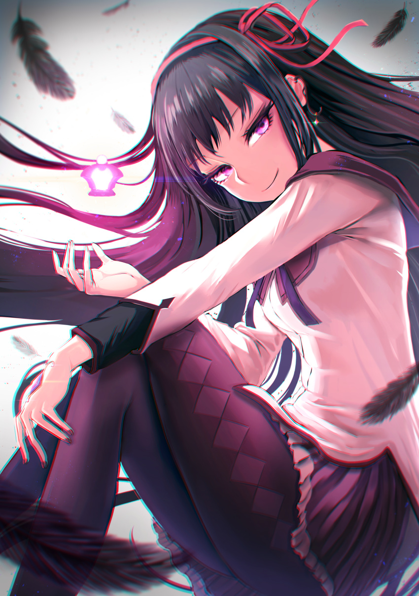 1girl absurdres akemi_homura black_feathers black_hair black_legwear closed_mouth collared_shirt dark_orb_(madoka_magica) dress_shirt earrings floating_hair from_side hair_ribbon hairband highres jewelry kiiro_(cocoa080) long_hair long_sleeves looking_at_viewer mahou_shoujo_madoka_magica miniskirt neck_ribbon pantyhose pink_eyes pleated_skirt purple_ribbon purple_sailor_collar purple_skirt red_hairband red_ribbon ribbon sailor_collar sailor_shirt shiny shiny_hair shirt sitting skirt smile solo very_long_hair white_shirt