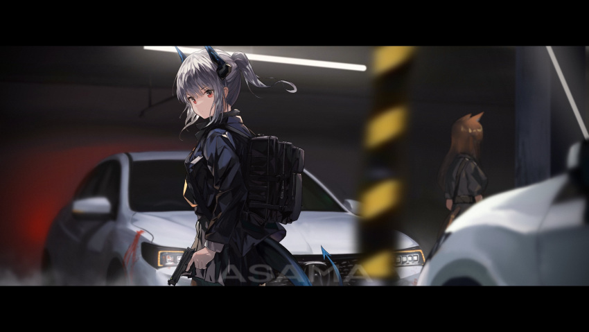 2girls absurdres animal_ears arknights asama_(drift_in) backpack bag black_bag black_shirt black_skirt blue_jacket brown_hair car cowboy_shot dragon_girl dragon_horns dragon_tail fluorescent_lamp fox_ears franka_(arknights) from_side grey_hair ground_vehicle gun handgun highres holding holding_gun holding_weapon horns jacket letterboxed liskarm_(arknights) long_hair looking_to_the_side motor_vehicle multiple_girls ponytail red_eyes shirt skirt solo_focus tail weapon