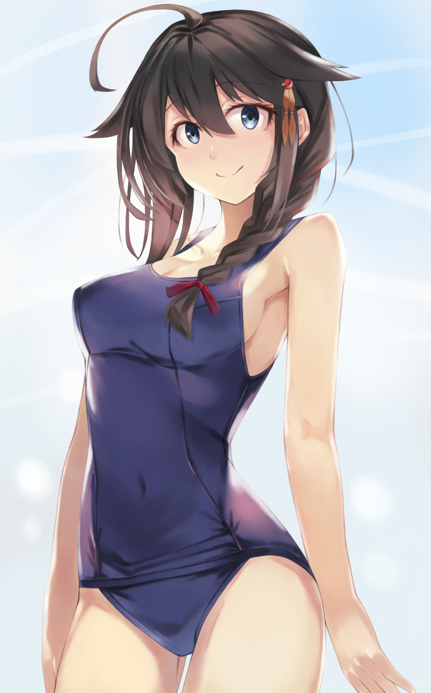 1girl absurdres ahoge beisaku_bei black_hair blue_eyes braid cowboy_shot hair_flaps hair_ornament hair_over_shoulder highres kantai_collection long_hair looking_at_viewer remodel_(kantai_collection) school_swimsuit shigure_(kancolle) single_braid smile solo standing swimsuit