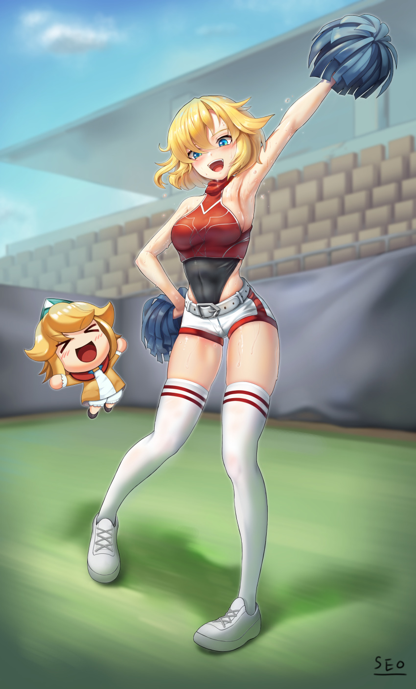 2girls absurdres armpits arms_up artist_name asymmetrical_hair blonde_hair blue_eyes breasts cheerleader full_body future_princess grass grin guardian_tales hand_on_hip highres little_princess_(guardian_tales) looking_at_viewer multiple_girls pom_pom_(cheerleading) seo_(tqhgud016) short_hair sleeveless smile sweat thigh-highs white_footwear white_legwear