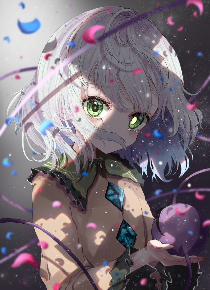 1girl bangs blurry blurry_foreground covered_mouth eyebrows_visible_through_hair frilled_sleeves frills gradient gradient_background green_eyes grey_background heart heart_of_string highres kayon_(touzoku) komeiji_koishi light_particles long_sleeves looking_at_viewer no_hat no_headwear petals shirt short_hair solo tears third_eye touhou upper_body white_hair yellow_shirt