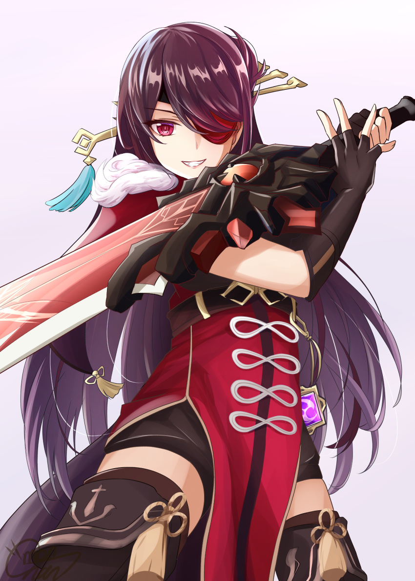 1girl :d bangs beidou_(genshin_impact) black_gloves black_hair black_legwear black_shorts cape chinese_clothes claymore_(sword) commentary_request elbow_gloves eyebrows_visible_through_hair eyepatch fighting_stance fur-trimmed_cape fur_trim genshin_impact gloves gradient gradient_background greatsword grin hair_between_eyes hair_ornament hairpin highres holding holding_sword holding_weapon long_hair looking_at_viewer mon-chan open_mouth red_eyes shorts sidelocks simple_background smile solo sword thigh-highs vision_(genshin_impact) weapon zettai_ryouiki