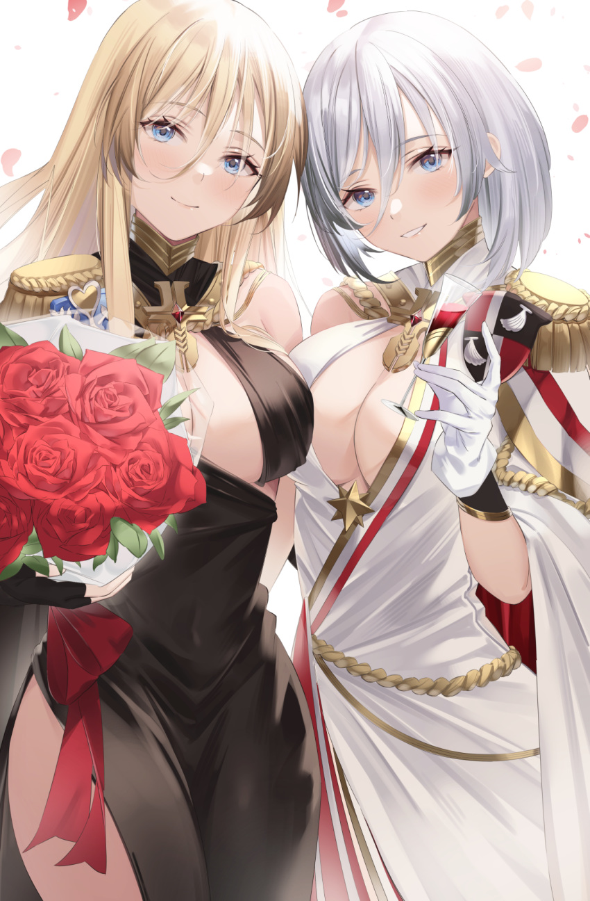 2girls aiguillette arm_behind_back asymmetrical_clothes azur_lane bismarck_(azur_lane) bismarck_(beacon_of_the_ironblood)_(azur_lane) bismarck_(coat_of_arms) black_dress blonde_hair blue_eyes bouquet breasts cape center_opening coat_of_arms cocktail_dress cowboy_shot dress epaulettes evening_gown fingerless_gloves flower gloves hair_between_eyes halter_dress halterneck highres holding holding_bouquet iron_blood_(emblem) iron_cross large_breasts long_hair looking_at_viewer medallion multiple_girls official_alternate_costume petals red_flower red_rose rose sg_(satoumogumogu) short_hair simple_background single_bare_shoulder single_epaulette smile tirpitz_(azur_lane) tirpitz_(iron_blood_snowstorm)_(azur_lane) white_background white_cape white_gloves white_hair