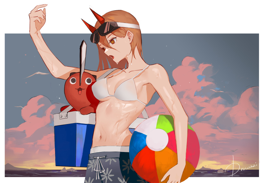 1girl ball beachball bikini border breasts brown_hair chainsaw_man clouds cooler crosshair_pupils demon_girl demon_horns drowzzi heterochromia highres horns medium_breasts navel ocean outside_border photoshop_(medium) pochita_(chainsaw_man) power_(chainsaw_man) red_eyes red_horns shorts signature solo strap_gap swimsuit upper_body wet white_bikini white_border yellow_eyes