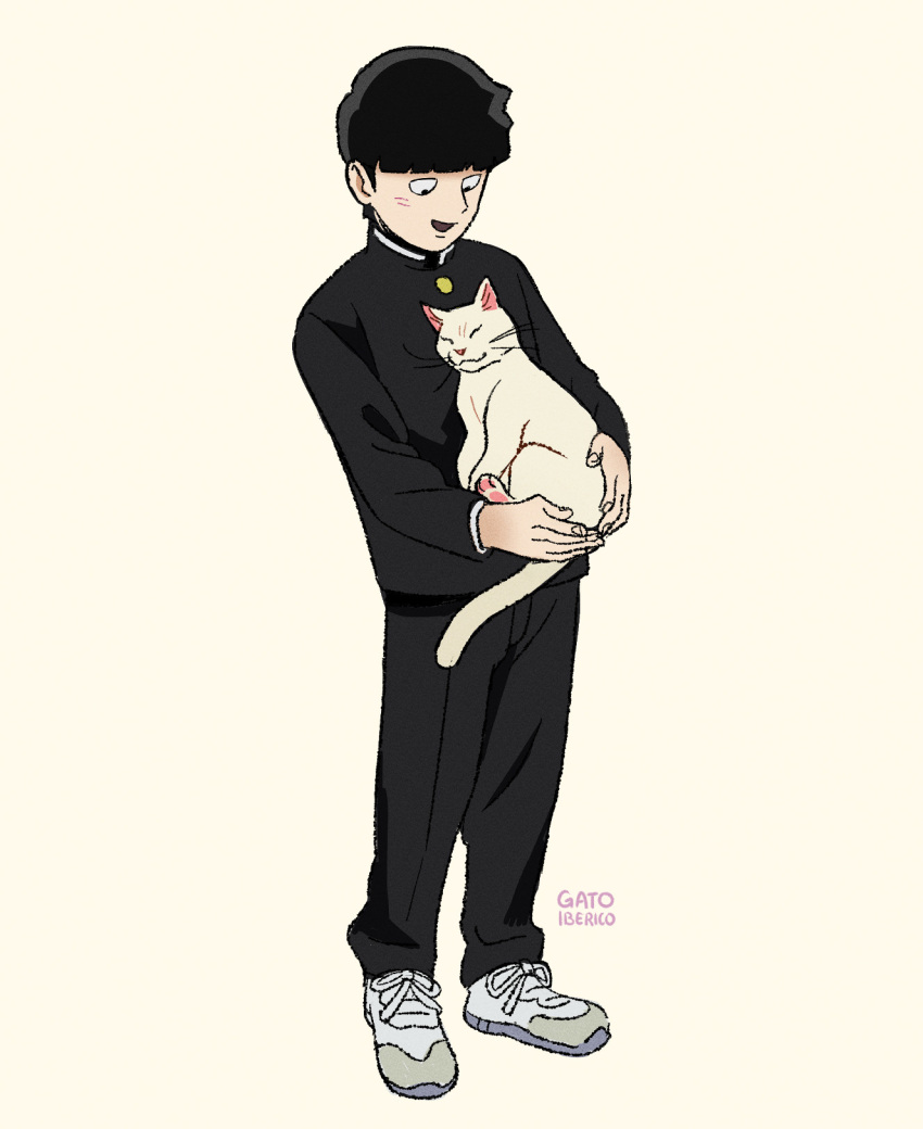 1boy animal artist_name black_hair black_jacket black_pants blunt_bangs cat commentary full_body gakuran gatoiberico highres holding holding_animal holding_cat jacket kageyama_shigeo long_sleeves looking_at_animal male_focus mob_psycho_100 open_mouth pants school_uniform shoes short_hair simple_background smile sneakers solo standing symbol-only_commentary