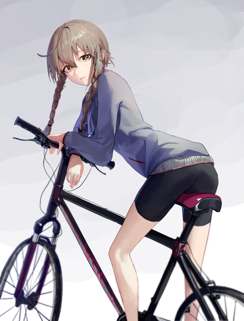 1girl absurdres amane_suzuha arm_support ass bangs bare_legs bicycle bike_shorts blue_jacket braid brown_hair closed_mouth eyebrows_visible_through_hair feet_out_of_frame from_behind gradient gradient_background grey_background ground_vehicle highres jacket leaning_forward long_sleeves looking_at_viewer looking_back mac_star smile solo steins;gate track_jacket twin_braids yellow_eyes