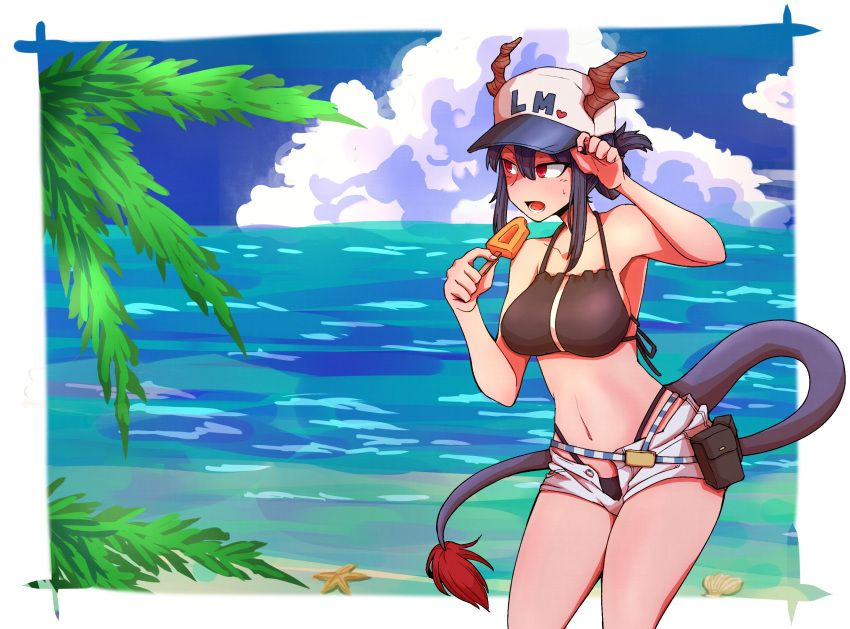1girl adjusting_clothes adjusting_headwear arknights bangs bare_arms bare_shoulders baseball_cap beach bikini black_bikini blue_hair blue_shorts breasts ch'en_(arknights) commentary cowboy_shot dragon_horns dragon_tail female_tourist_c_(arknights) food hair_between_eyes hand_on_hip hat highres holding holding_food horns horns_through_headwear kakiyokan long_hair looking_to_the_side medium_breasts navel ocean official_alternate_costume open_fly open_mouth outdoors popsicle red_eyes short_shorts shorts sideways_glance solo standing stomach swimsuit tail thighs white_headwear