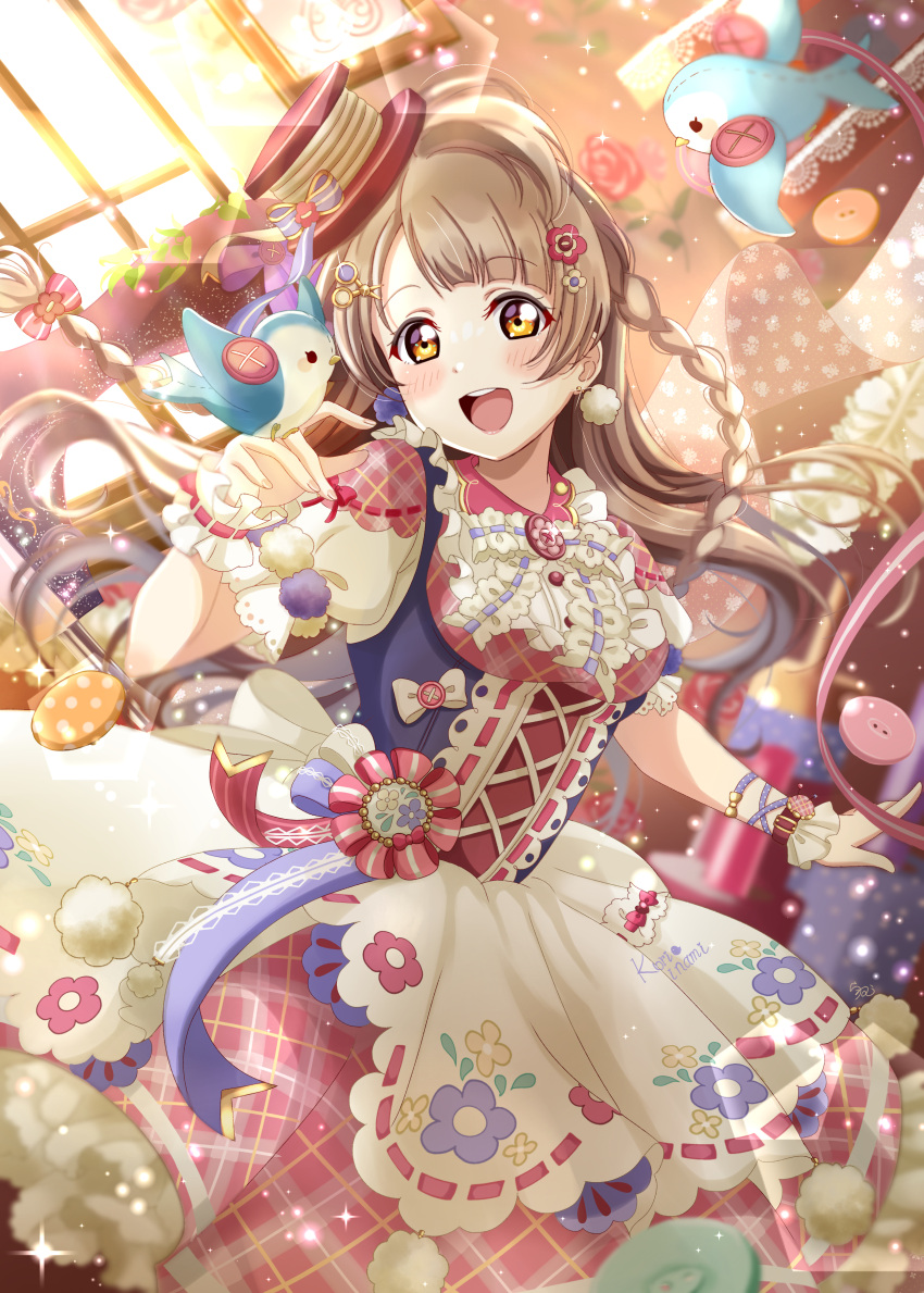 1girl absurdres apron bird bird_on_hand birthday blush checkered checkered_skirt earrings hand_up hat highres jewelry light_brown_hair long_hair looking_at_viewer love_live! love_live!_school_idol_festival_all_stars love_live!_school_idol_project minami_kotori open_mouth pink_skirt puffy_short_sleeves puffy_sleeves ranemu short_sleeves skirt smile solo stuffed_animal stuffed_bird stuffed_toy upper_teeth wrist_cuffs