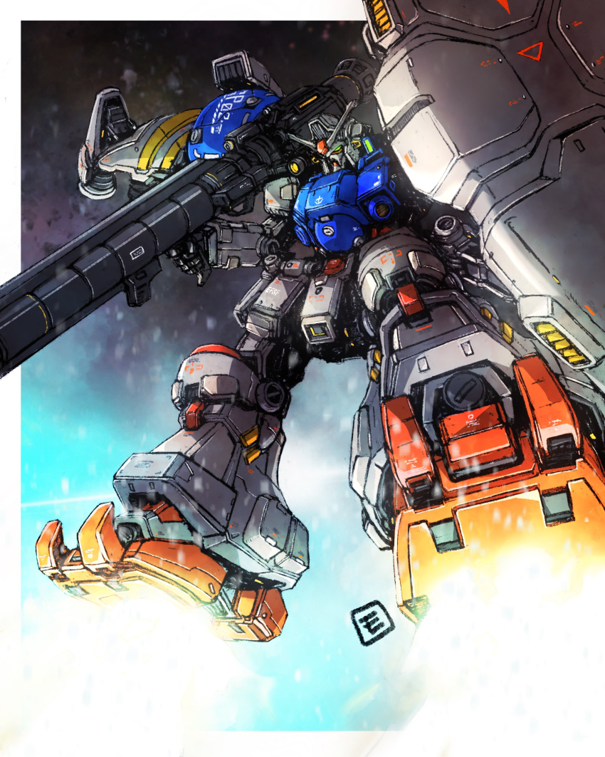 absurdres bazooka_(gundam) green_eyes gun gundam gundam_0083 gundam_gp-02_physalis highres holding holding_gun holding_shield holding_weapon looking_down mecha mobile_suit moyan no_humans procreate_(medium) science_fiction shield solo space thrusters v-fin weapon