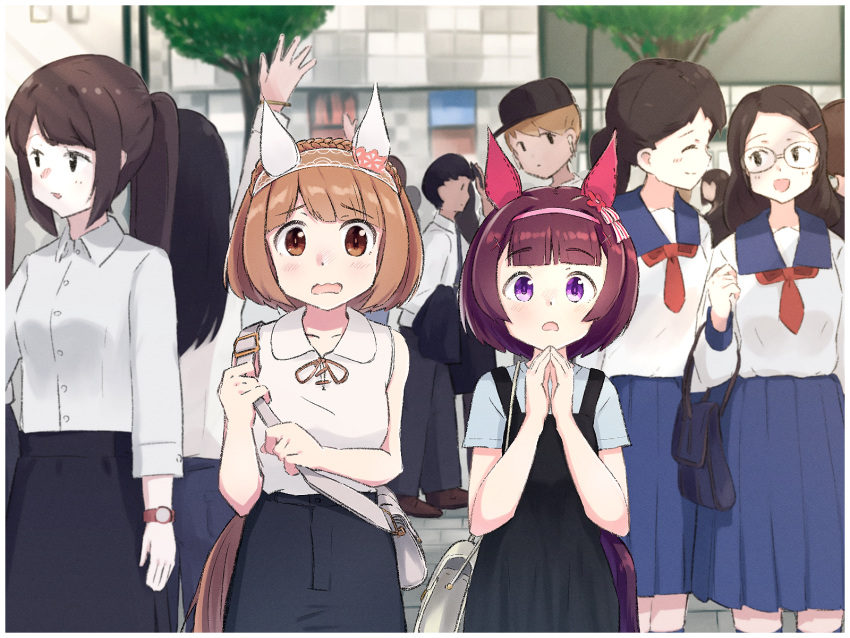alternate_costume animal_ears bag balladeluce blurry blurry_background brown_eyes brown_hair casual commentary_request handbag hands_clasped headband highres horse_ears horse_girl looking_at_viewer multiple_boys multiple_girls nishino_flower_(umamusume) own_hands_together school_uniform short_hair tree umamusume yukino_bijin_(umamusume)