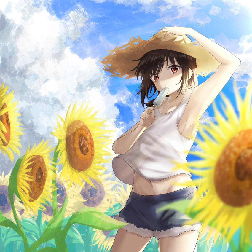 1girl black_hair brown_eyes clouds cloudy_sky flower food groin hand_on_headwear hat highres lanthan original outdoors popsicle short_shorts shorts sky solo straw_hat summer sunflower