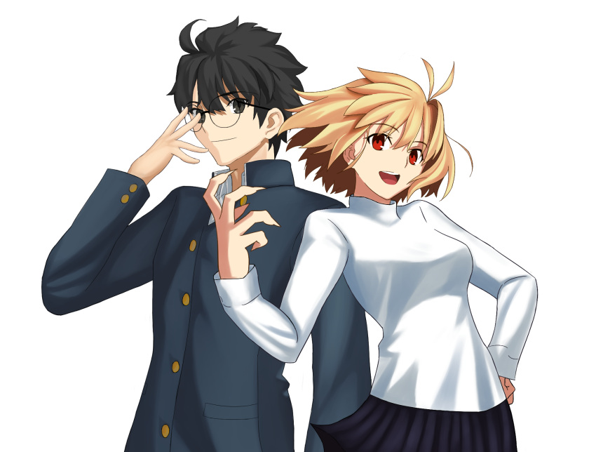 1boy 1girl ahoge arcueid_brunestud arm_up back-to-back bangs black_eyes black_hair blonde_hair breasts couple eyebrows_behind_hair eyebrows_visible_through_hair glasses hair_between_eyes hand_on_eyewear highres li-fe looking_at_viewer open_mouth red_eyes school_uniform shirt short_hair simple_background skirt standing tohno_shiki tsukihime tsukihime_(remake) white_background white_shirt