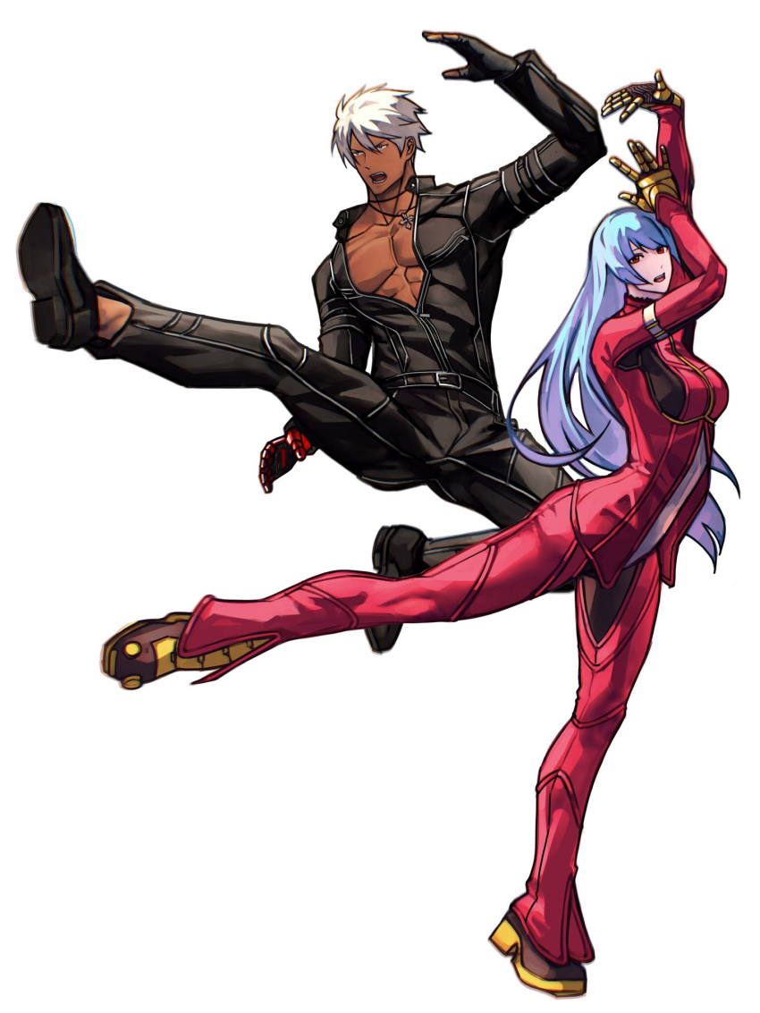 1boy 1girl blue_hair bodysuit breasts cross cross_necklace full_body gloves highres jacket jewelry k'_(kof) kicking kula_diamond leather leather_jacket long_hair necklace short_hair simple_background small_breasts syachiiro tan the_king_of_fighters violet_eyes white_background white_hair