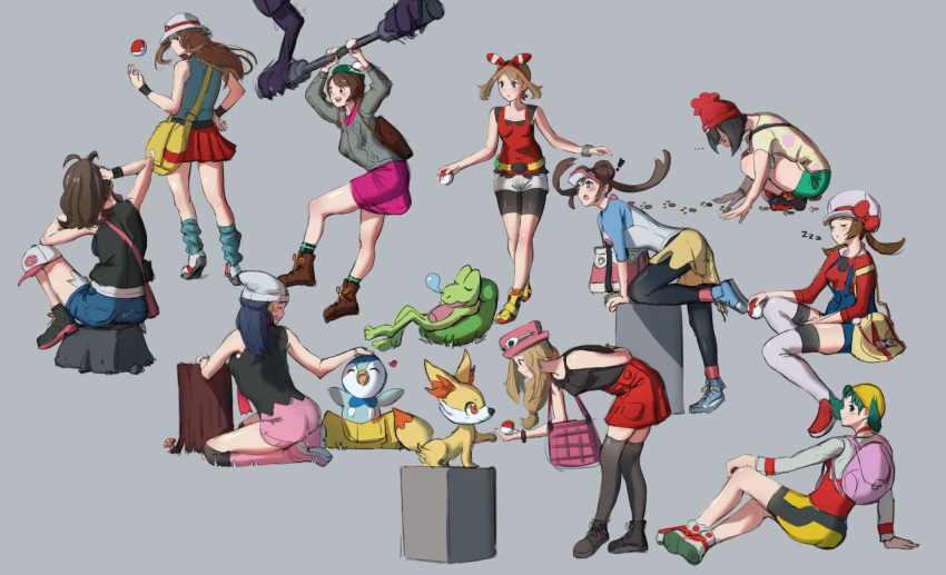 ! 6+girls bag bangs beanie bent_over bike_shorts bike_shorts_under_shorts black_wristband blue_overalls boots bow bracelet breasts brown_footwear brown_hair cardigan commentary corviknight cropped_jacket hikari_(pokemon) dress eyewear_on_headwear fennekin floating_hair gloria_(pokemon) green_hair green_headwear green_legwear green_shorts grey_background grey_jacket grey_legwear hanging hat hat_bow headpat heart hilda_(pokemon) holding holding_poke_ball ippers jacket jewelry kneeling knees kris_(pokemon) leaf_(pokemon) leg_up long_hair long_sleeves looking_back looking_down loose_socks may_(pokemon) multiple_girls mushroom over-kneehighs paw_print pink_footwear pink_headwear pink_skirt piplup pleated_skirt poke_ball poke_ball_(basic) pokemon pokemon_(creature) pokemon_(game) pokemon_bw pokemon_bw2 pokemon_dppt pokemon_frlg pokemon_gsc pokemon_oras pokemon_sm pokemon_swsh pokemon_xy raglan_sleeves red_footwear red_headwear red_shirt red_skirt rosa_(pokemon) selene_(pokemon) serena_(pokemon) shiny shirt shoes shorts shoulder_bag sitting skirt sleeping sleeveless sleeveless_shirt socks squatting standing sunglasses thigh-highs tree_trunk treecko twintails visor_cap white-framed_eyewear white_footwear white_headwear white_shorts wristband yellow_bag yellow_footwear yellow_headwear zzz