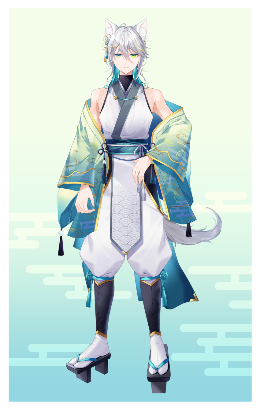 1boy absurdres animal_ear_fluff animal_ears bangs bare_shoulders black_footwear blue_background blue_hair closed_mouth commentary_request egasumi eyebrows_visible_through_hair full_body geta gradient gradient_background green_background green_eyes grey_hair hair_between_eyes highres indie_virtual_youtuber japanese_clothes kimono long_sleeves looking_at_viewer male_focus multicolored_hair myusha off_shoulder open_clothes pants platform_footwear puffy_pants smile socks solo standing tabi tail tukishiro_mika two-tone_hair virtual_youtuber white_kimono white_legwear white_pants wide_sleeves wolf_ears wolf_girl wolf_tail