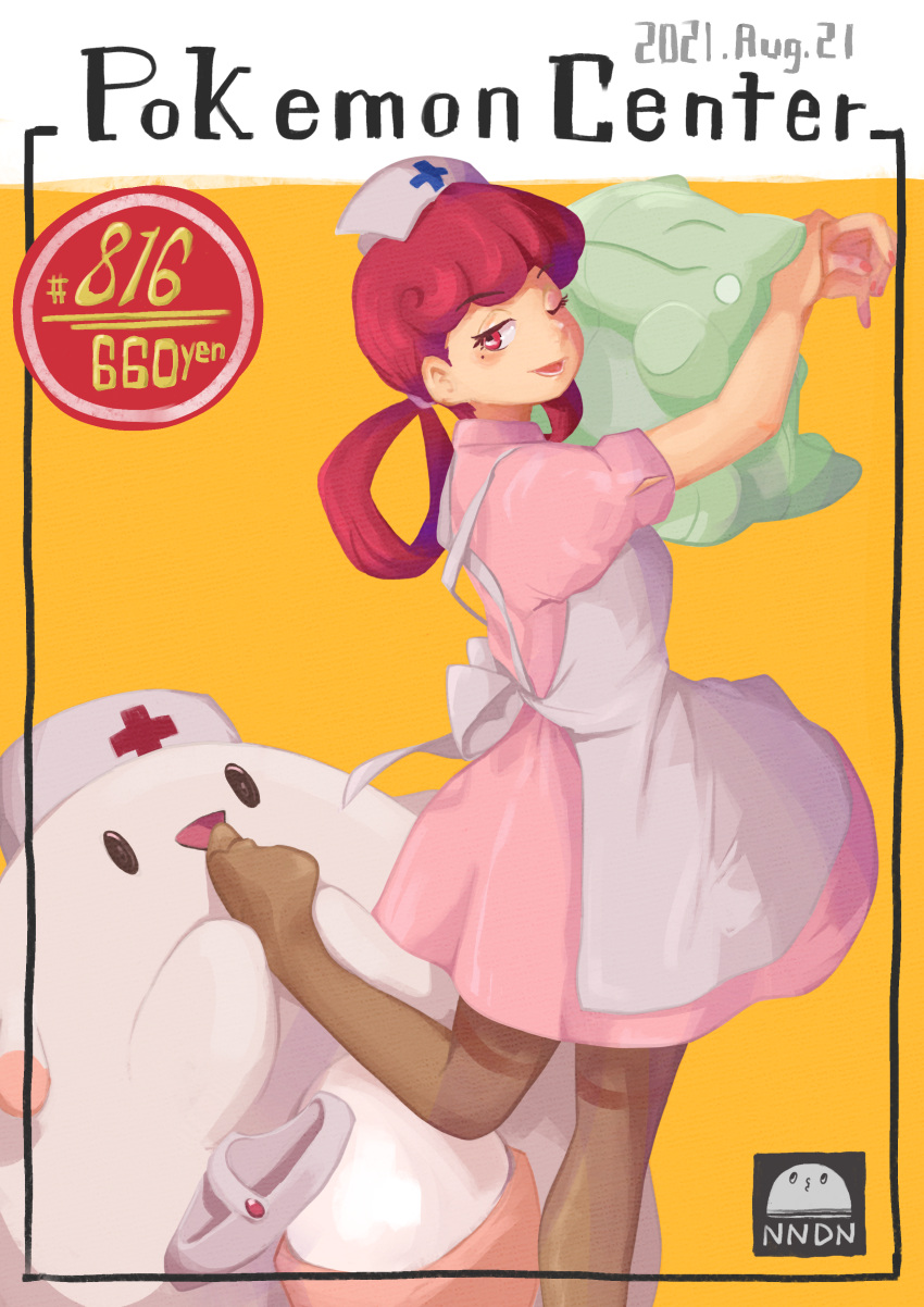1girl absurdres apron bangs blush brown_legwear chansey commentary_request copyright_name doll dress eyebrows_visible_through_hair framed hair_rings hat hatted_pokemon highres holding holding_doll joy_(pokemon) leg_up long_hair looking_at_viewer lower_teeth nail_polish nanndana nurse nurse_cap one_eye_closed open_mouth pantyhose pink_dress pokemon pokemon_(anime) pokemon_(creature) shoe_removed short_sleeves smile substitute_(pokemon) tied_hair tongue white_apron