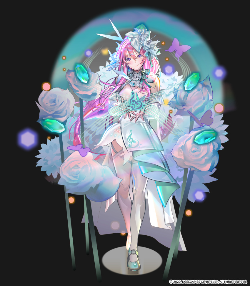 1girl absurdres breasts bug butterfly chloris_(hero_cantare) choker closed_mouth detached_sleeves dress earrings flower hair_ornament hero_cantare highres jewelry large_breasts leenim long_hair looking_at_viewer musical_note necklace official_art open_hands pink_hair purple_butterfly rose shiny shiny_hair short_dress solo thick_thighs thighs very_long_hair violet_eyes white_choker white_dress white_flower white_legwear white_rose
