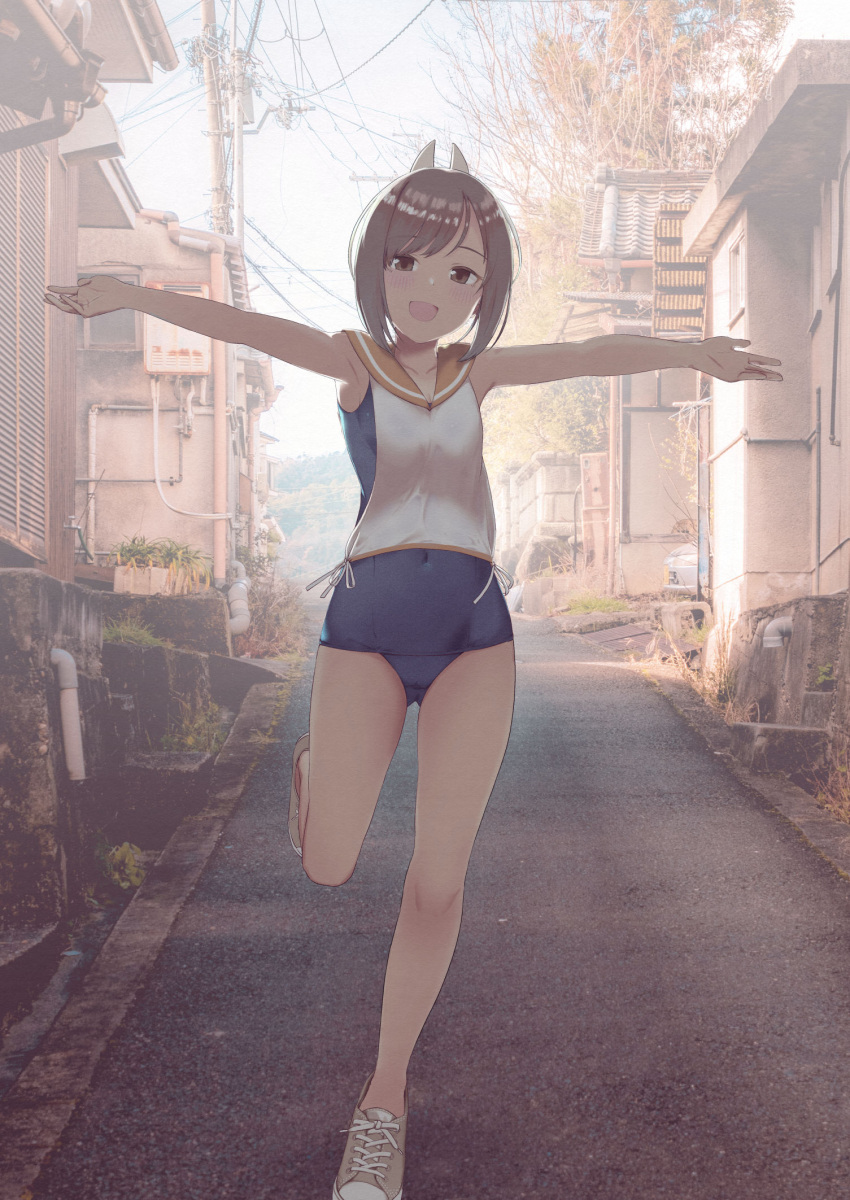 1girl armpits bangs bow breasts brown_eyes brown_hair collarbone commentary_request eyebrows_visible_through_hair facing_viewer hair_bow head_tilt highres i-401_(kancolle) kantai_collection looking_at_viewer no_socks open_mouth outstretched_arms photo_background running sailor_collar sakieko small_breasts smile solo swimsuit