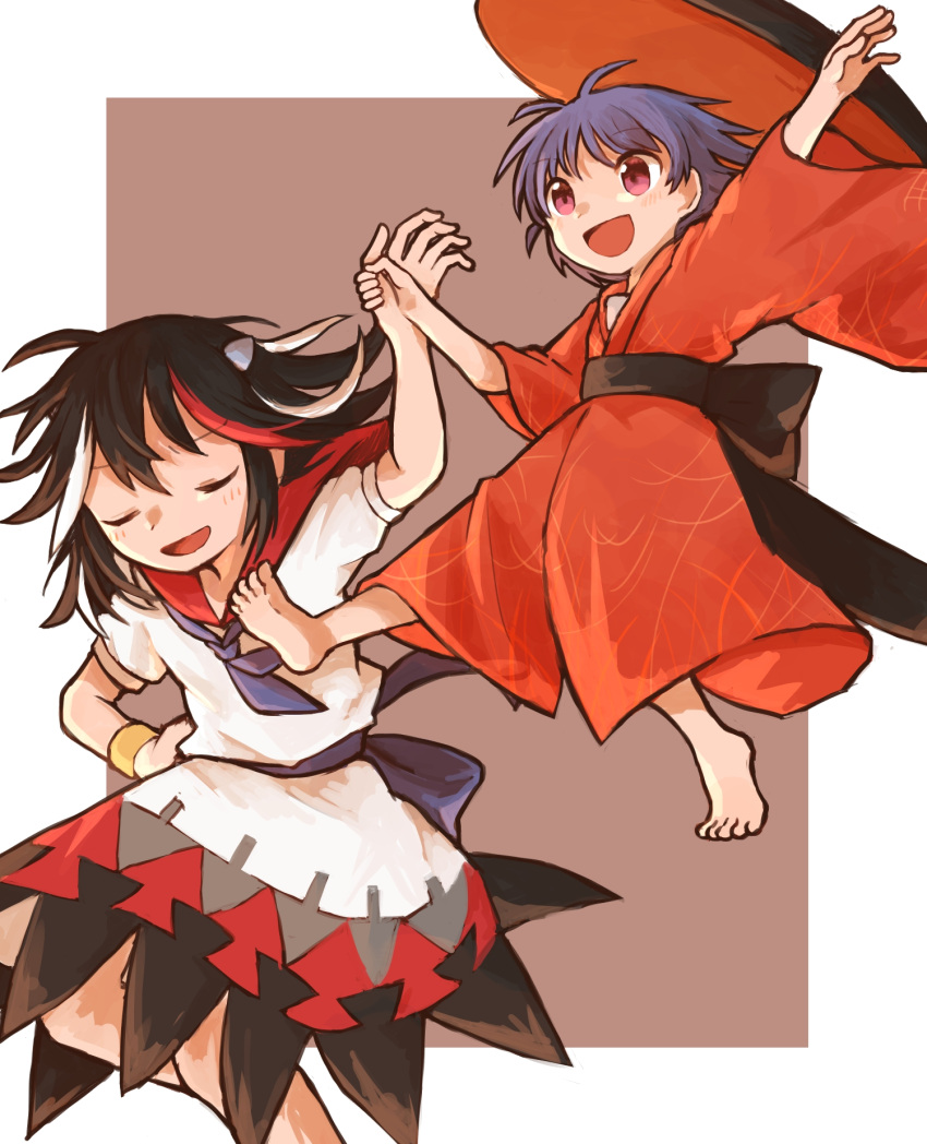 2girls arm_up arrow_print barefoot black_hair black_sash blue_neckwear blue_ribbon blush bowl bowl_hat closed_eyes donki_(yeah) eyebrows_visible_through_hair hair_between_eyes hand_grab hat highres horns japanese_clothes kijin_seija kimono long_sleeves multicolored_hair multiple_girls open_mouth puffy_short_sleeves puffy_sleeves purple_hair red_eyes red_kimono redhead ribbon sash short_hair short_sleeves smile streaked_hair sukuna_shinmyoumaru touhou white_hair wide_sleeves