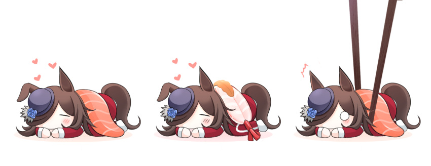 1girl animal_ears blue_flower blue_headwear blue_rose brown_hair chopsticks closed_eyes commentary_request flower food heart horse_ears horse_girl horse_tail light_blush long_hair long_sleeves lying multiple_views notice_lines on_ground on_stomach prawn pun rice_shower_(umamusume) rose salmon simple_background solo surprised sushi tail tilted_headwear track_suit umamusume white_background